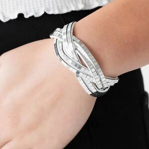 Mosaic Mini Silver Mirror Tile Beaded  White Leather Woven Braided Wrap Bracelet